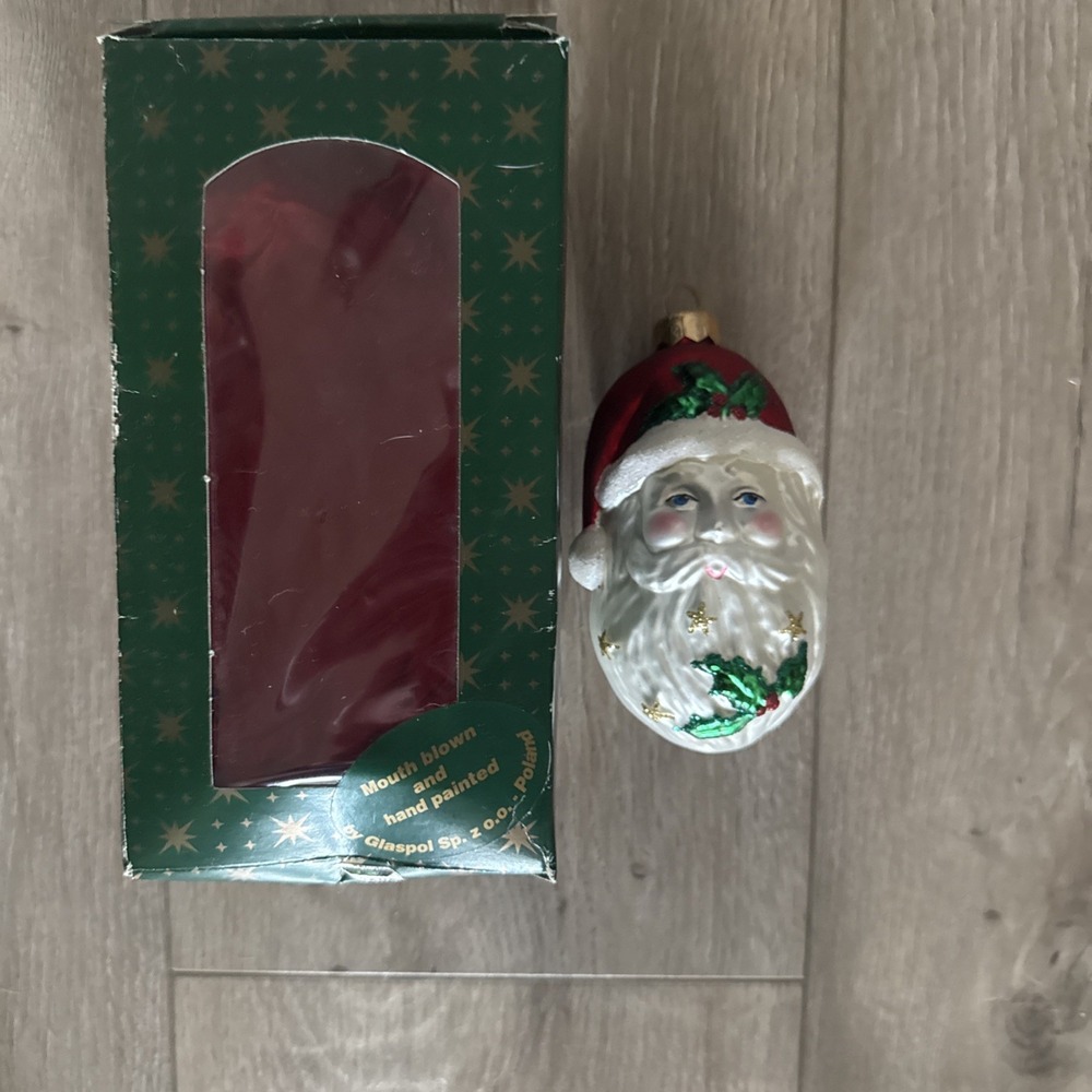 Vtg Santa Head‎ with Holly Glass Blown Christmas Ornament  Glaspol ~ Poland